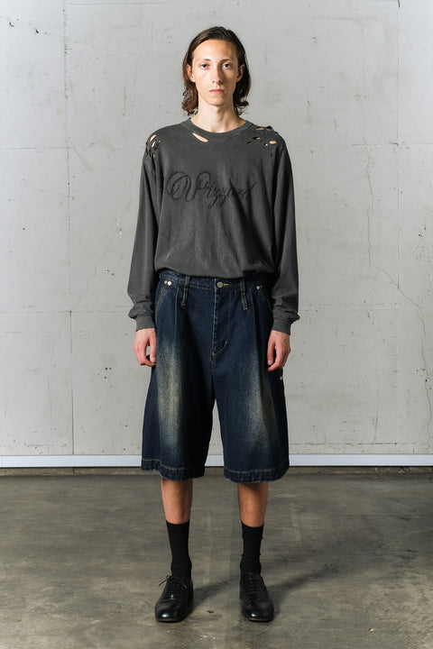 MOTION PLEAT WIDE DENIM SHORTS