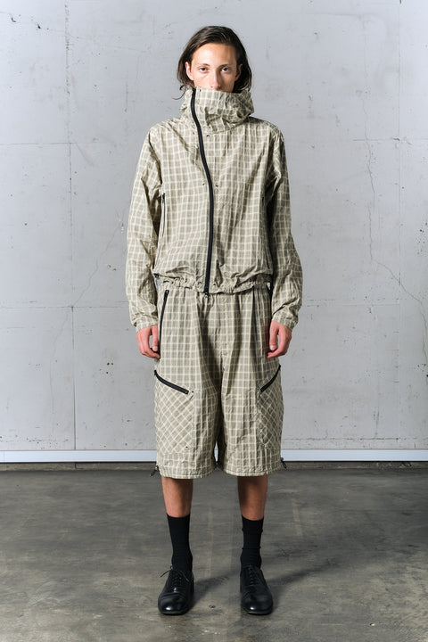 TEXTURED CHECK NYLON HOOD JACKET